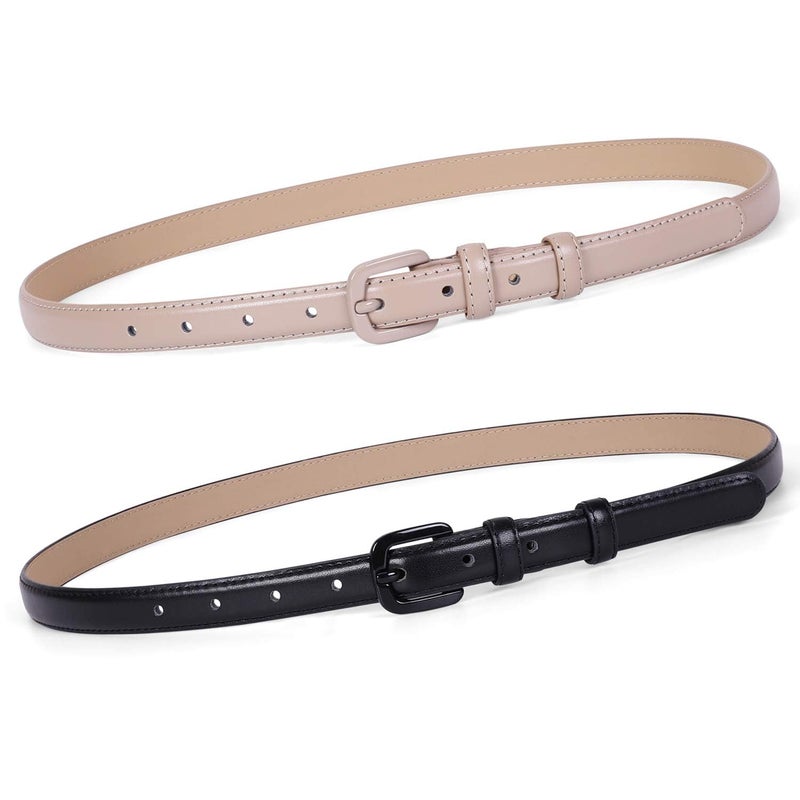 WHIPPY Women Skinny Leather Belt Thin Waist Jeans Belt for Pants in Pin Buckle Belt, Black/Beige, Suit Pants 30-35 Inches - Image 1